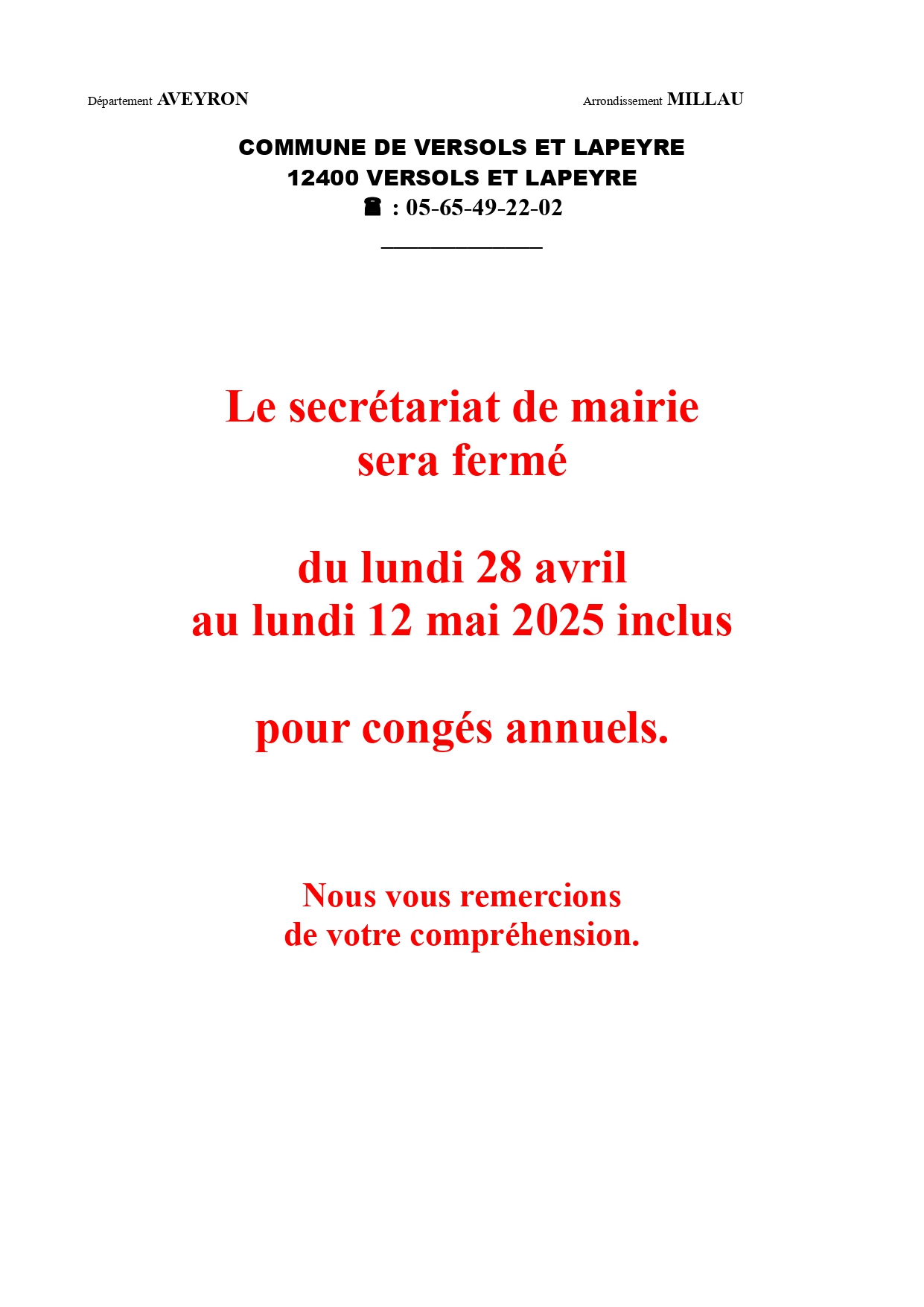 Lire la suite à propos de l’article FERMETURE DU SECRETARIAT POUR CONGES ANNUELS DU LUNDI 28 AVRIL AU LUNDI 12 MAI 2025 INCLUS