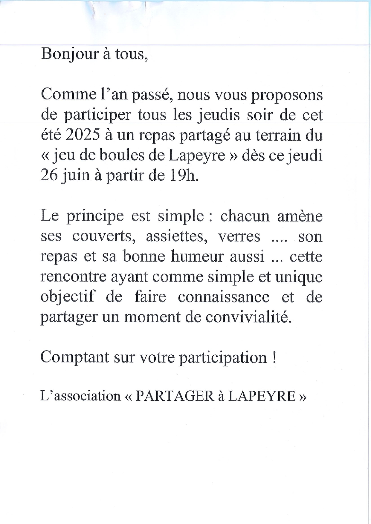 Lire la suite à propos de l’article REPAS PARTAGE LAPEYRE TOUS LES JEUDIS SOIR