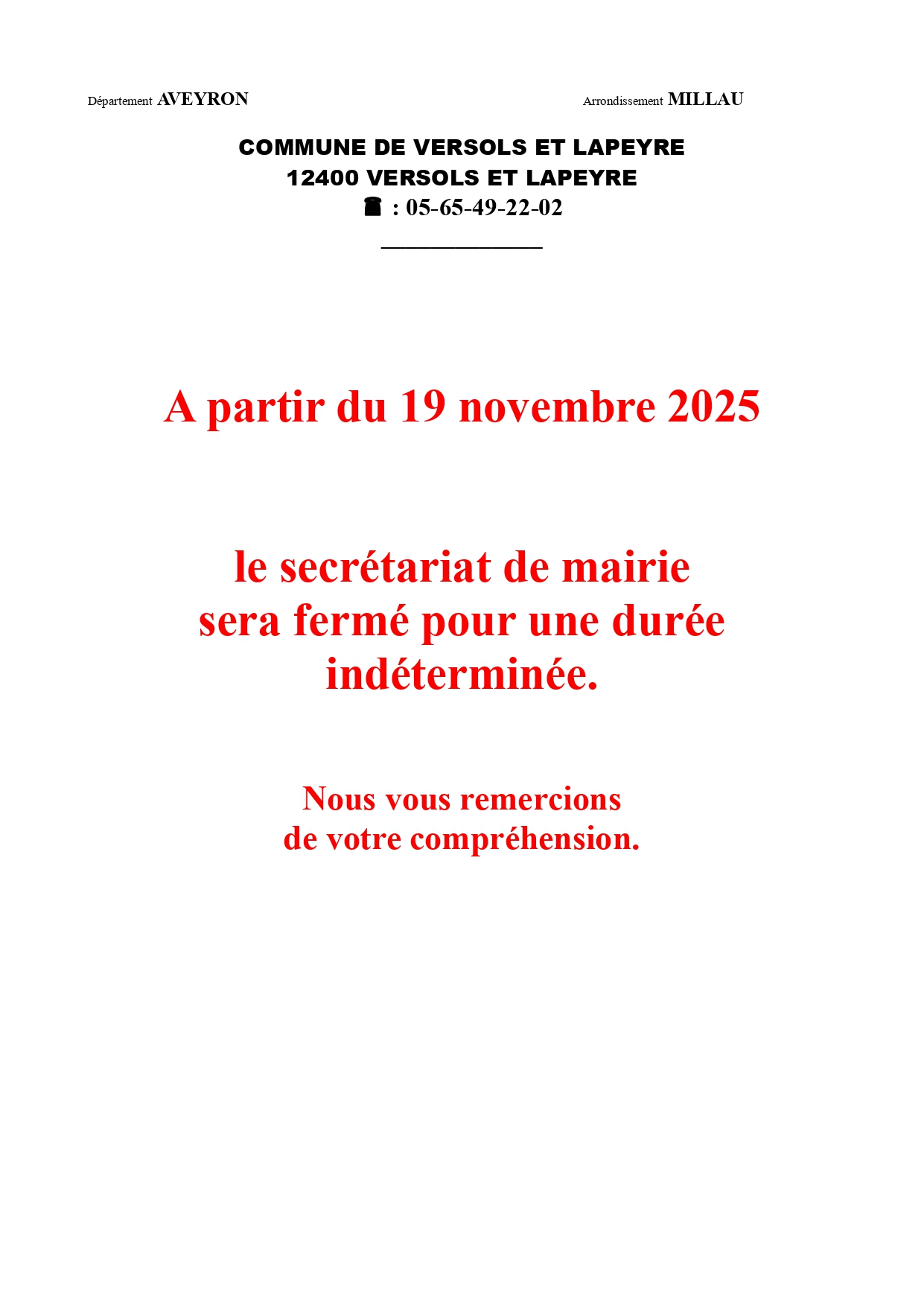 Lire la suite à propos de l’article A compter du 19 novembre, fermeture du secrétariat de mairie pour une durée indéterminée